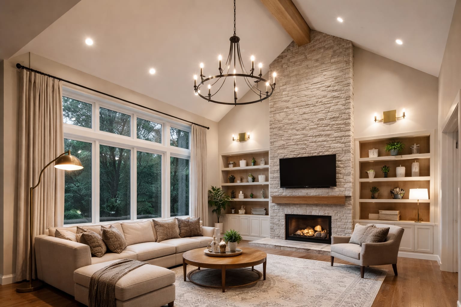 Layered lighting for high ceilings with chandelier and recessed lights