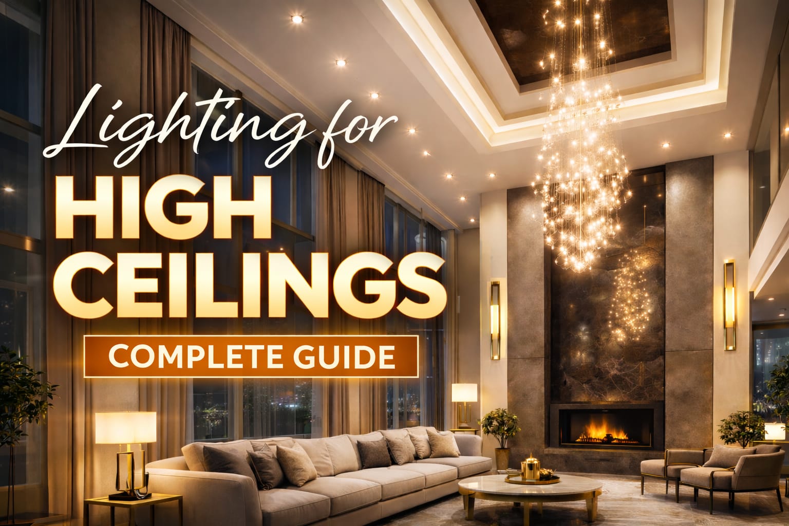 Lighting for high ceilings with a large chandelier in a tall living room