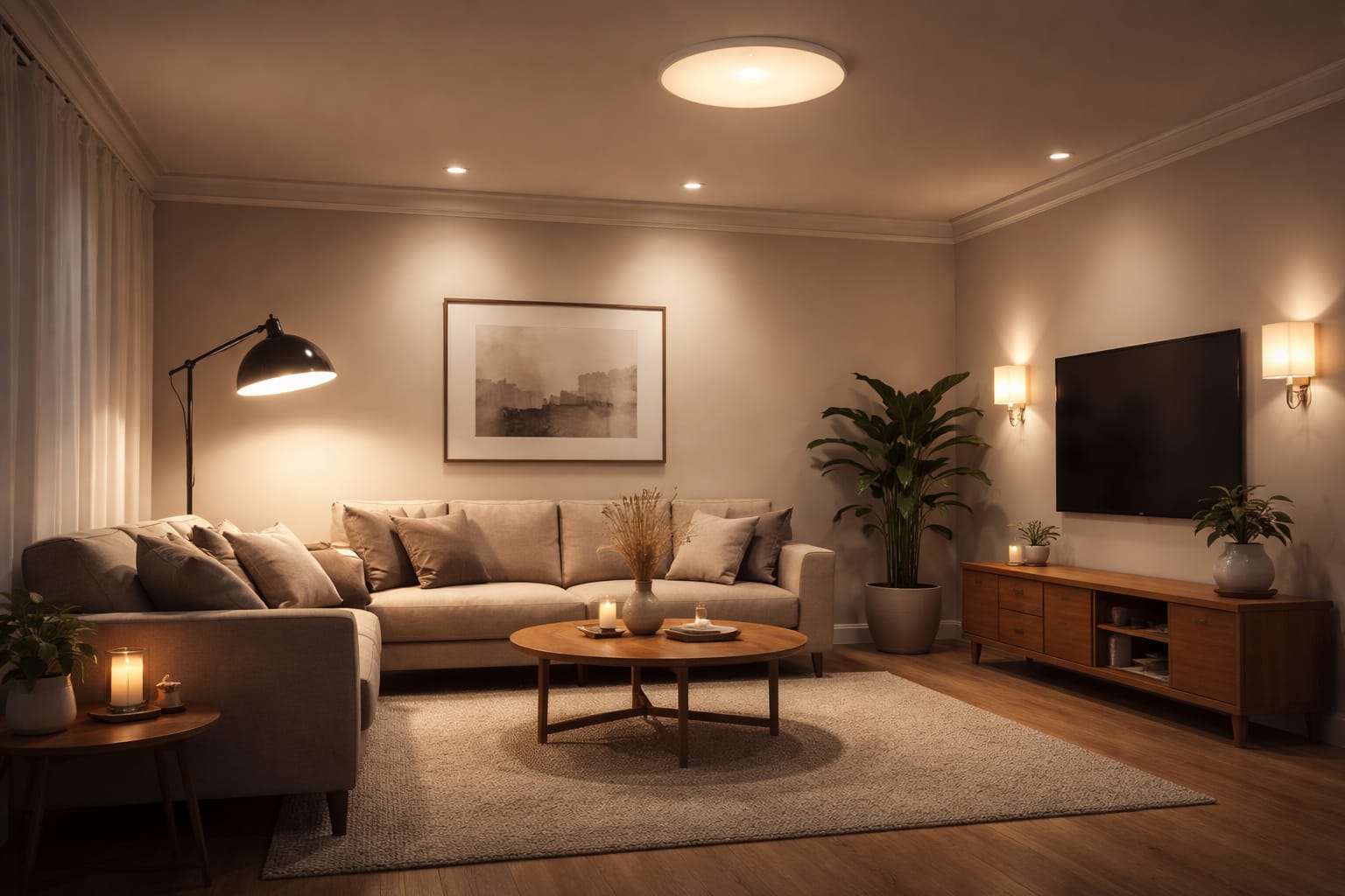 Soft warm room lighting with diffused and indirect light