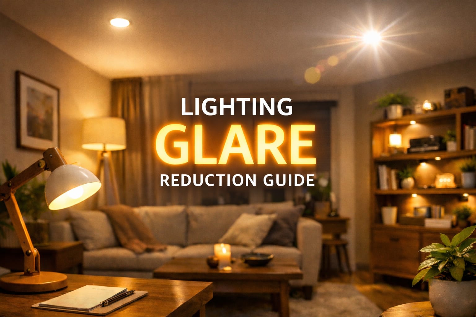 Lighting glare reduction guide example showing softer layered living room lighting