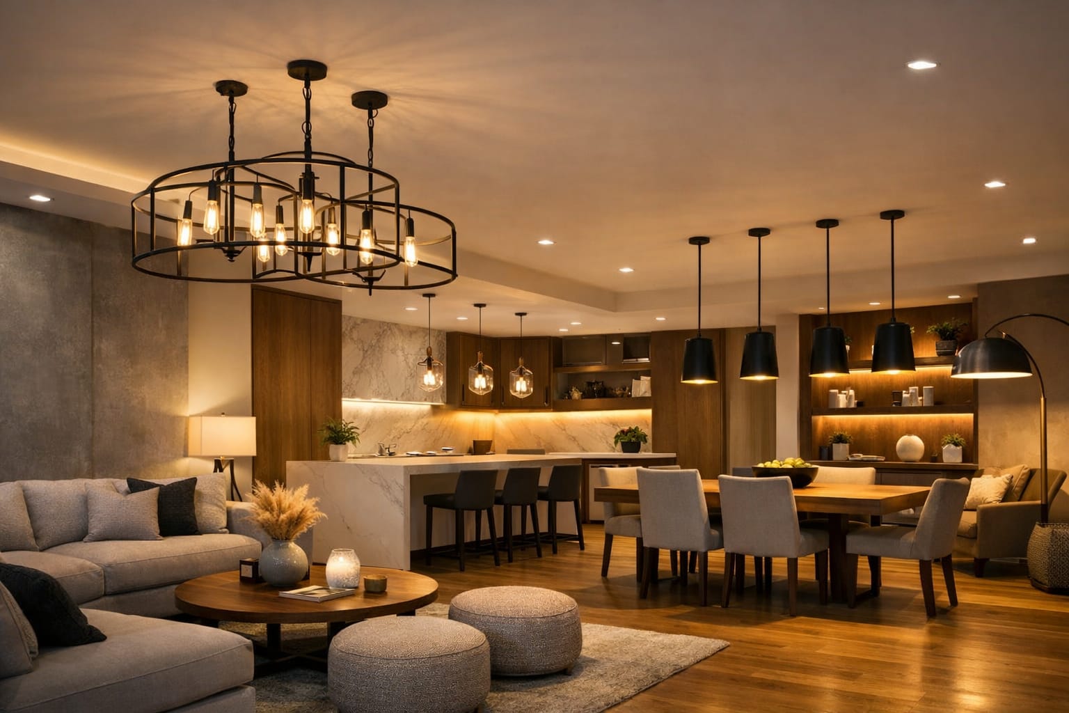 Lighting design for open floor plans with layered LED lighting in kitchen dining and living zones