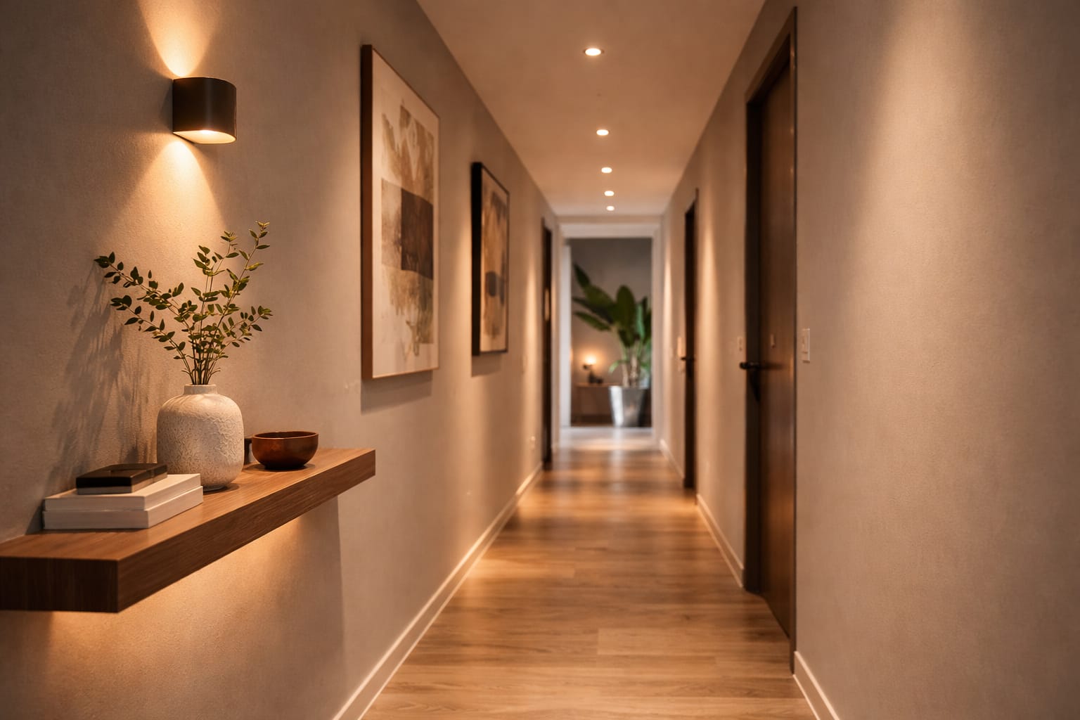 Lighting for narrow hallways with warm LED lighting and modern wall fixtures