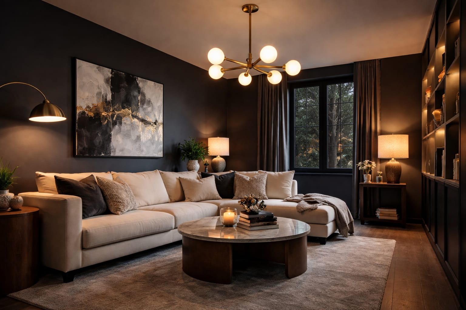 Modern living room with dark walls illuminated by layered LED lighting and warm ambient lamps