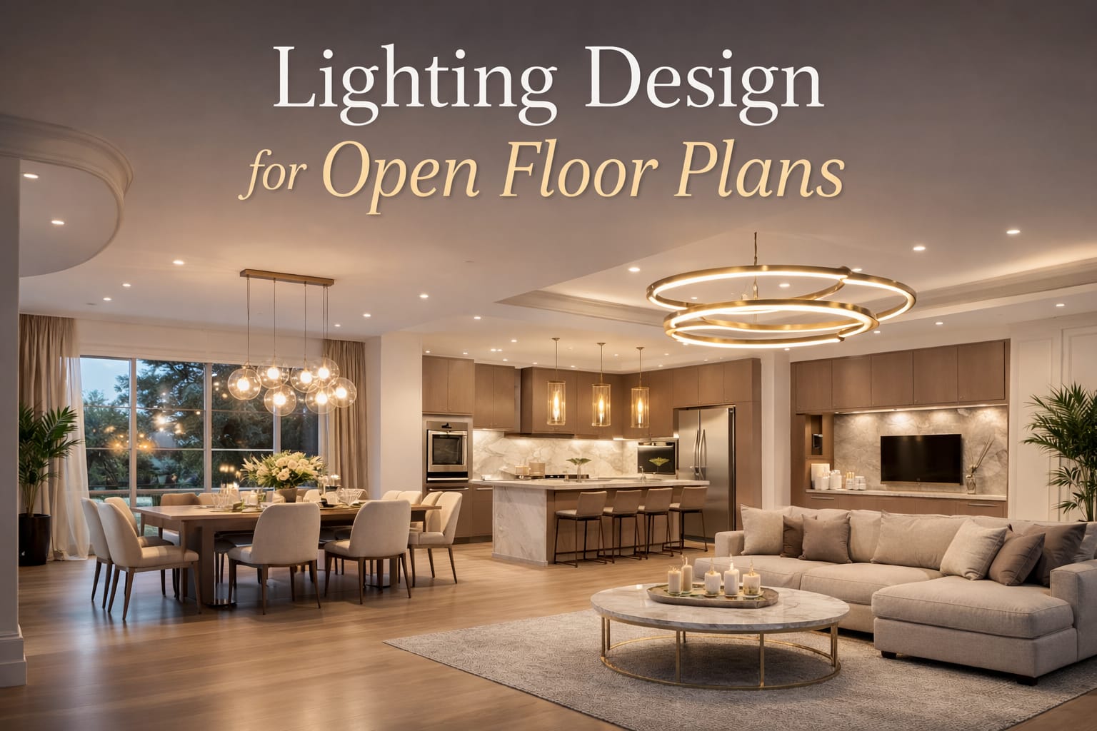 Modern open floor plan lighting design with LED pendant lights and layered room lighting
