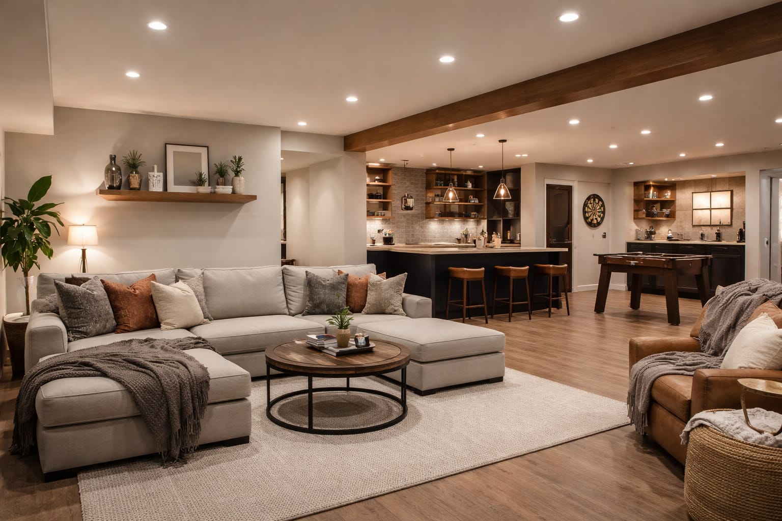 bright finished basement lighting setup with recessed LED lights and layered ambient lighting