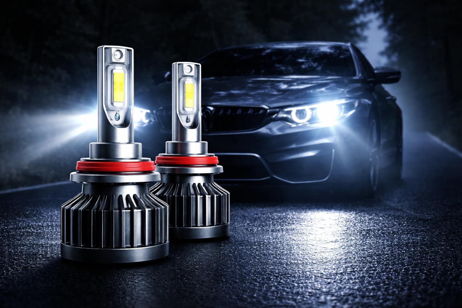 LED headlight bulbs with focused beam pattern for night driving visibility