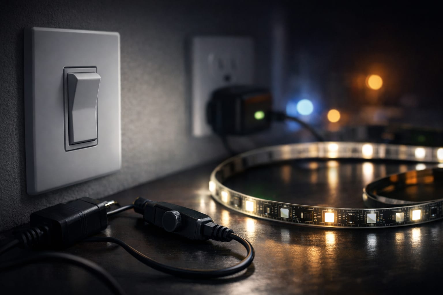 LED strip lights staying on after the switch is off due to an electrical or wiring issue