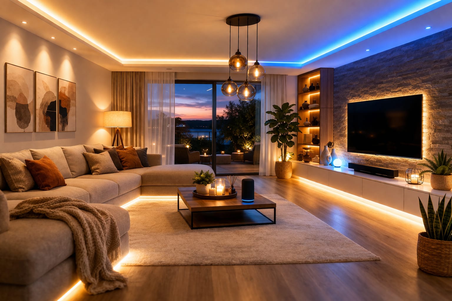 Modern living room smart lighting setup with LED strips, smart bulbs and ambient TV lighting