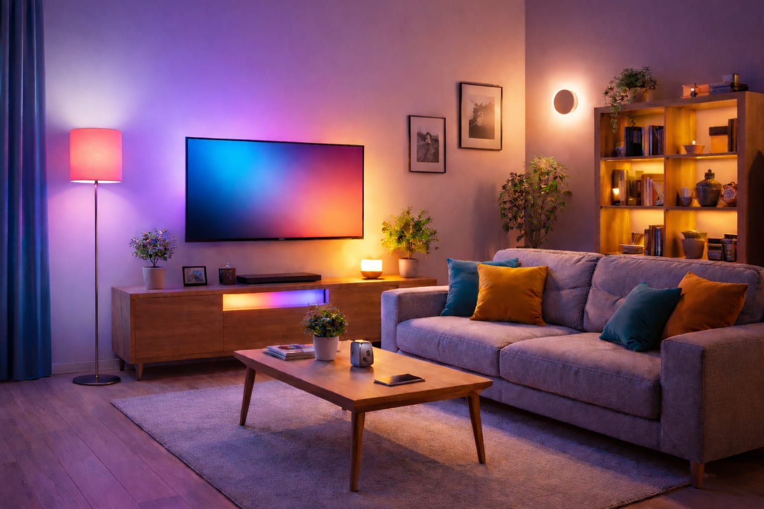 budget smart lighting setup in a small living room with soft ambient LED light