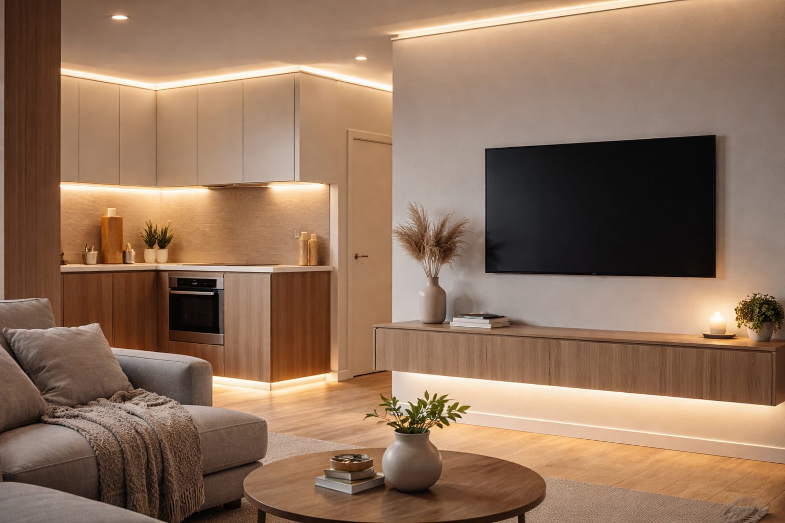 hidden LED strip lights behind furniture creating a clean integrated lighting look