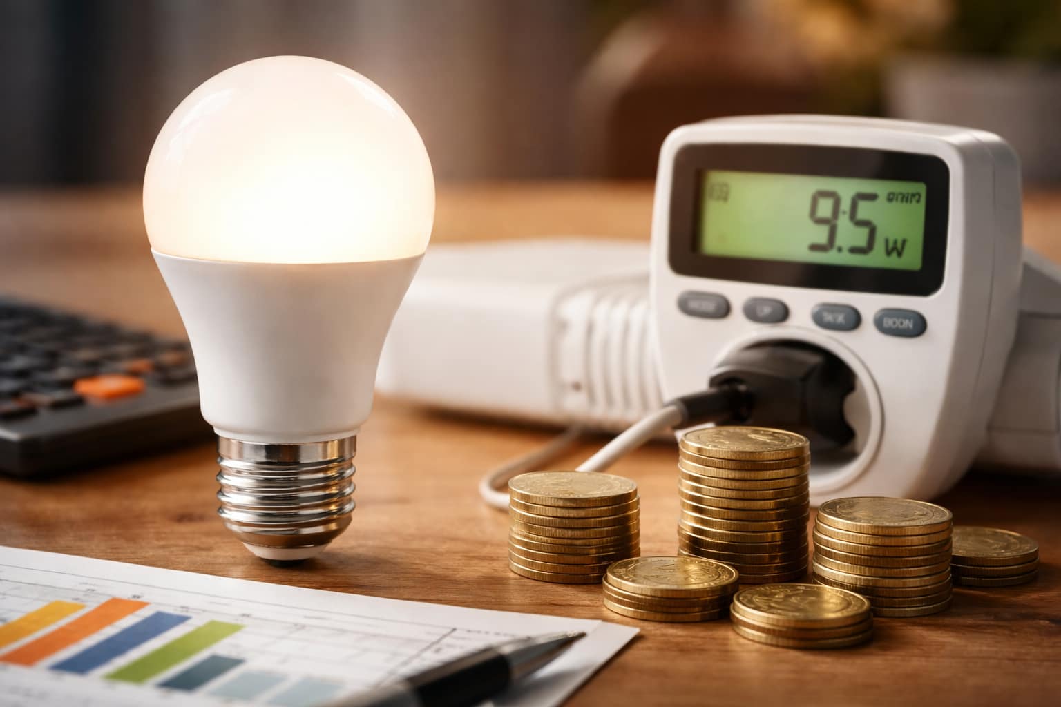 LED bulb power consumption example showing 9.5 watts
