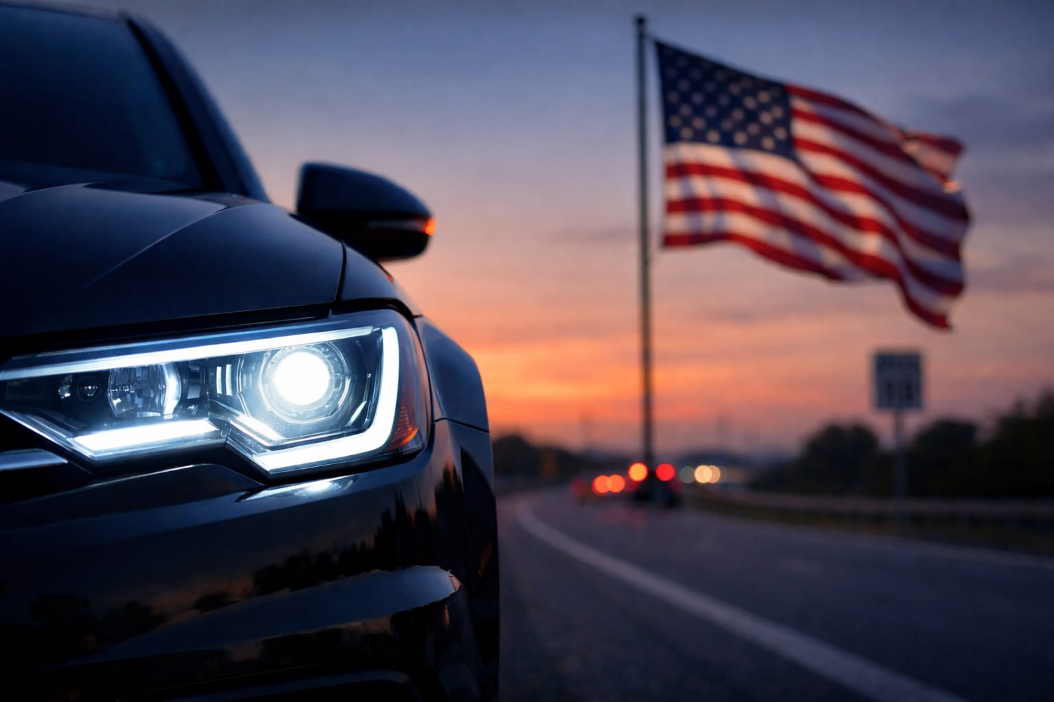 LED headlights on a car in the US during sunset with legal visibility considerations