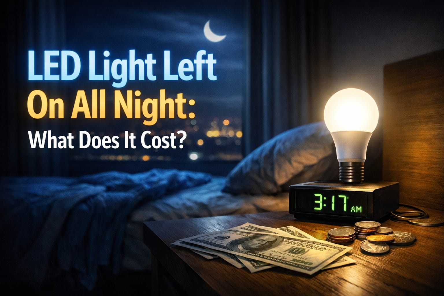 LED light left on all night cost example showing bedroom scene with bulb on at night and money
