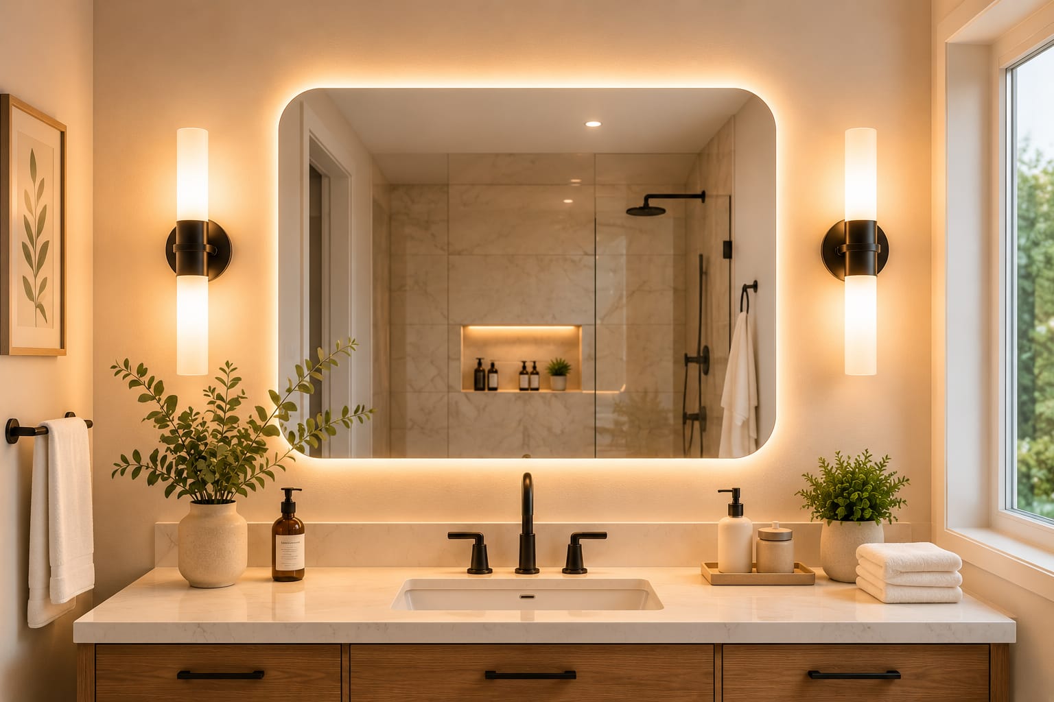 Bathroom vanity LED lighting with mirror sconces and warm flattering bulbs